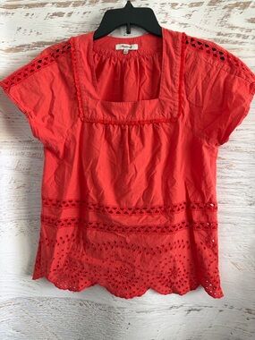 Madewell Coral Eyelet Cotton Blouse with Square Neckline